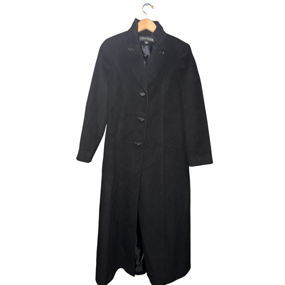 Anne Klein New York Black Wool Blend Long Overcoat Stand Collar Size 4